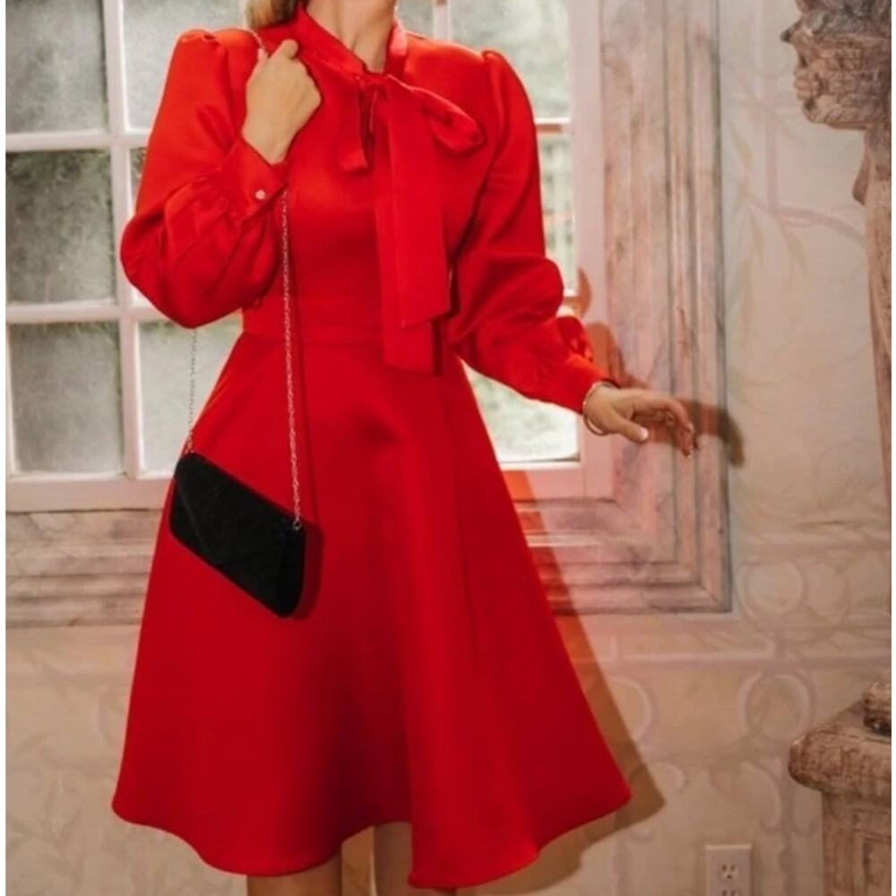NWT Ivy City Co Pippa Dress Red 1X Plus Size Lantern Sleeve Bow Neck Midi